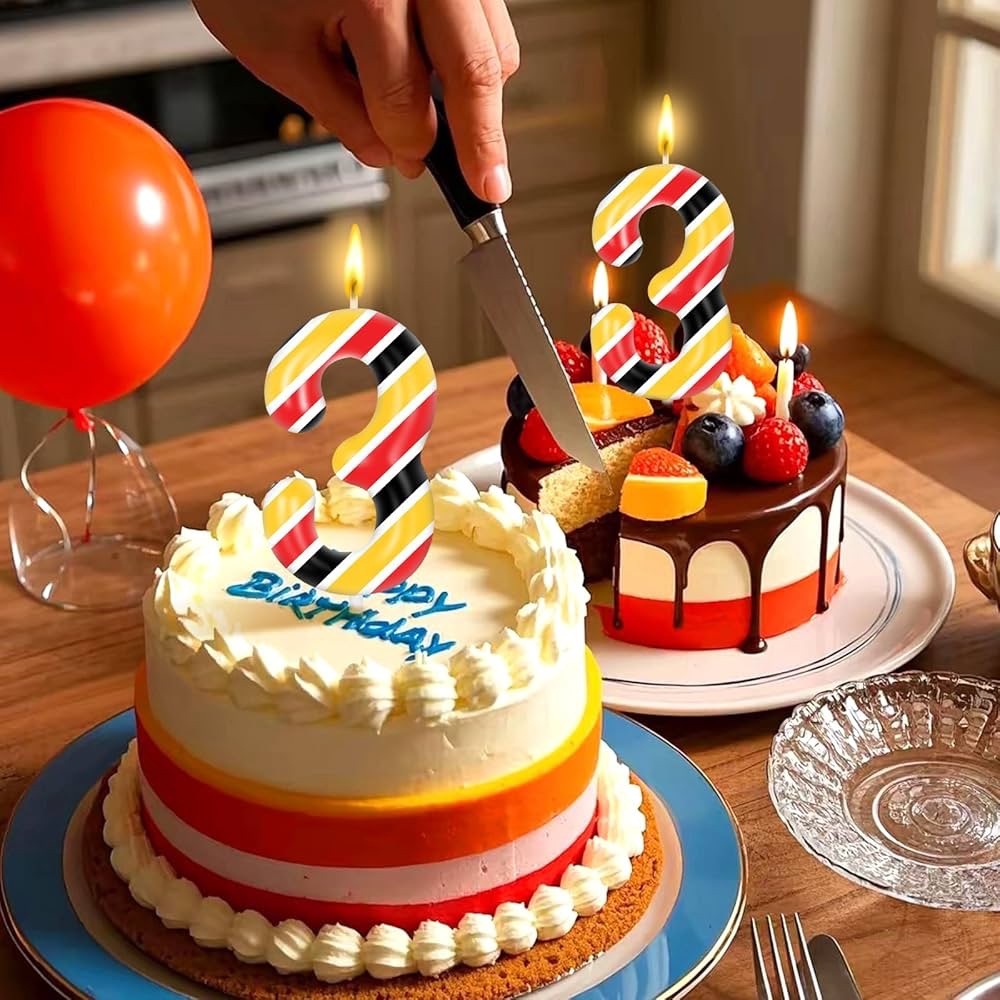 Striped Number 3 Birthday Party Candle Cake Topper - Red, Yellow, and Black - Picture 9 of 11